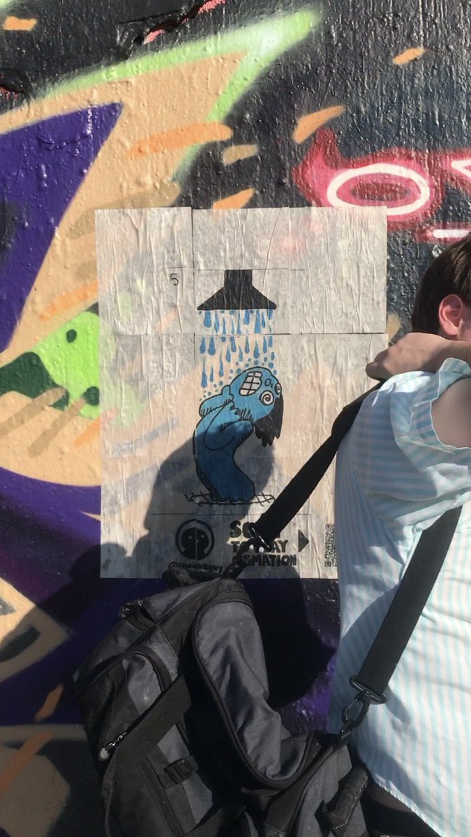 inoiseaguy's tweet image. From my animation titled, “Cold Shower.” Frame/cel #5, blown up and pasted on a wall in 9 pieces.
.
.
.
#streetart #wheatpasteart #wheatpaste #animationcel #legalwall #gainesvillefl #visualnoise #inoiseaguy