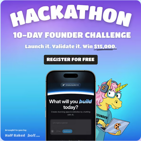 Sathish_i1's tweet photo. Just registered for the 10-Day Founder Hackathon by @halfbakedideas & @bolt!
Excited to build, validate, and launch a startup idea in just 10 days + win prizes worth $15K ๐ฅ
interested, you can join.
#FounderHackathon #BuildInPublic #Startups #Innovation #Entrepreneurship https://t.co/SU63RzehyD