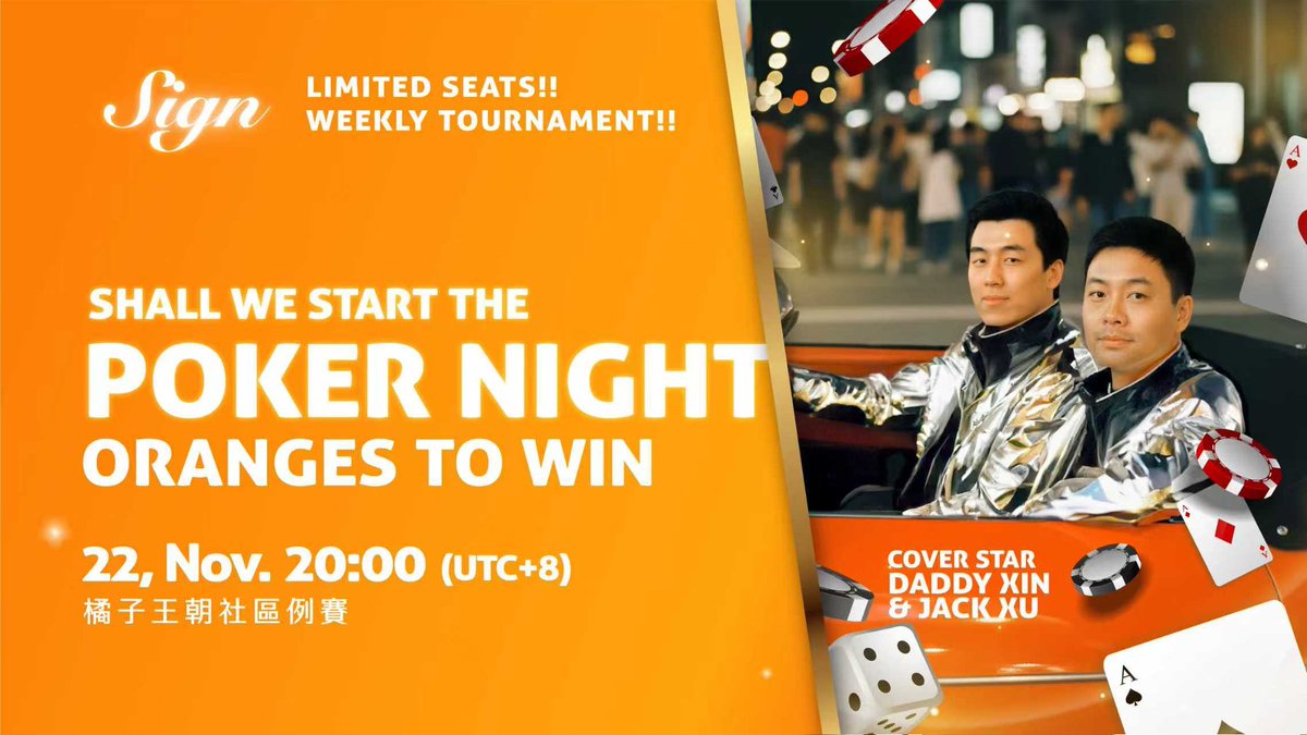 CreaMyHaOsCar's tweet image. 🔥 SIGN社區每周撲克狂熱賽 🔥

「SIGN社區每周撲克狂熱賽」 第4周來了！上周報名人數稍為下降了一點，但也有575人報名參與，不知道是不是市況不好，大家沒心情來玩？🤔希望今周參賽人數可以再創新高
本周繼續前9名撲克高手將會得到 $SIGN 獎勵，10-100名將會得到Sign app“Orange Dynasty…