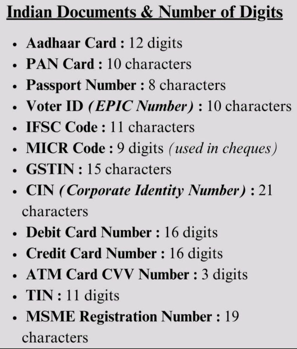 suvishelke's tweet image. कोणत्या कागदपत्रावर किती नंबर असतात?

#Document