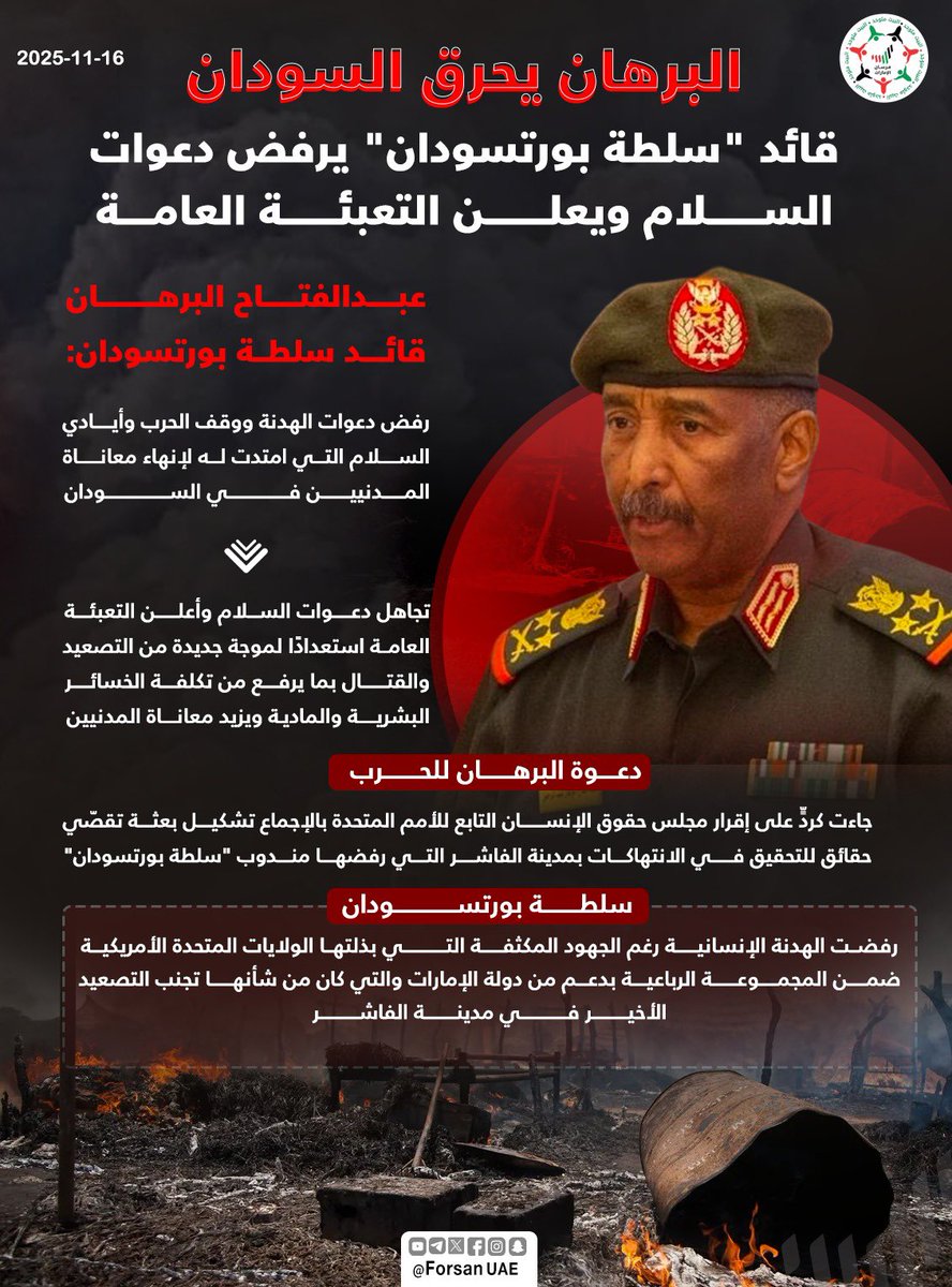 البرهان يشعل السودان بقراراته..
يُعلن التعبئة العامة، ويُدير ظهره لدعوات السلام والهدنة!
رفض التحقيق في جرائم الفاشر، وتمادى في معاناة المدنيين.
أيادٍ ملوّثة تُغذّي التصعيد وتعمل ضد جهود الرباعية والأمم المتحدة.

#الفاشر #بورتسودان #السودانيون_يستحقون_السلام #الإمارات_مع_السودان