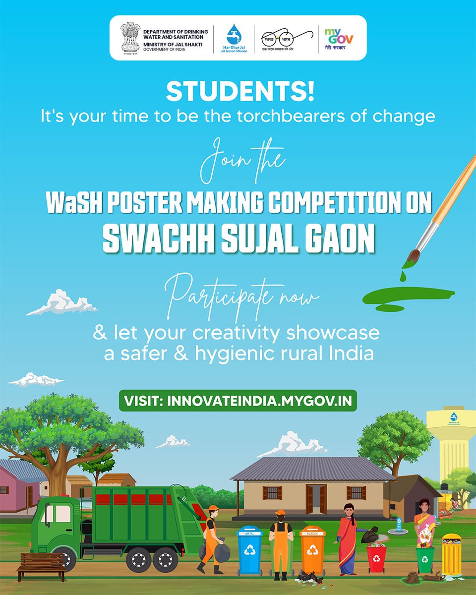 mygovindia's tweet photo. Let Your Art Speak for Swachh Sujal Gaon! 

Reflect your thoughts on water, sanitation, and hygiene through your poster. Participate in the WaSH #PosterMakingCompetition!

Visit: https://t.co/0dhjxTPbZT

#SwachhSujalGaon

@jaljeevan_ https://t.co/BqR4j59JOl
