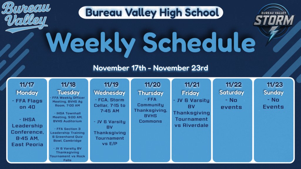 ⚡The schedule for this upcoming week at Bureau Valley High School! Let's have a great week! ⚡ 

#DefendTheVALLEY