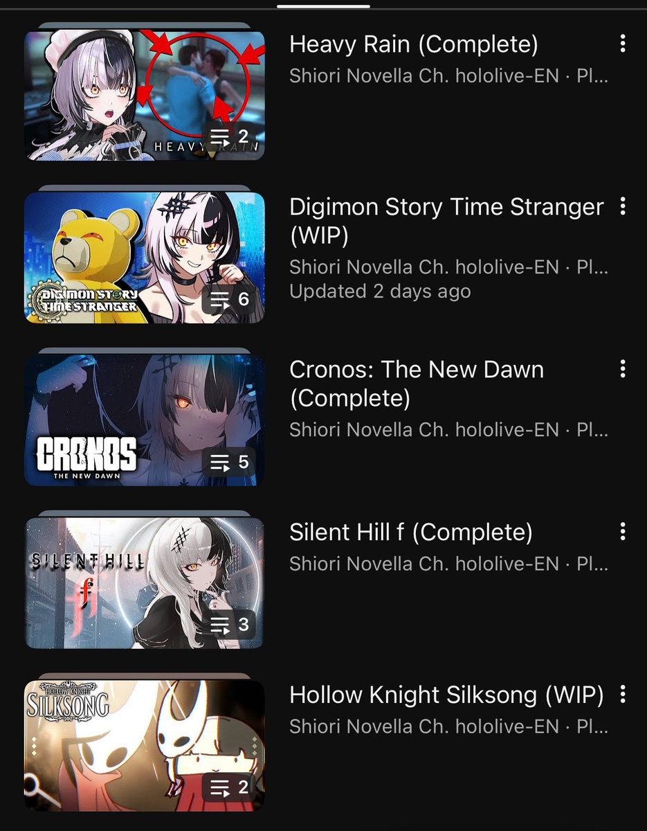 Random appreciation post for not only how organized Shiori keeps her playlists but also for how many games she completes. 

I know it’s not really streamer “meta” to finish games, most play it twice and drop it, but I appreciate Shiori finishing these games, they’re always fun.