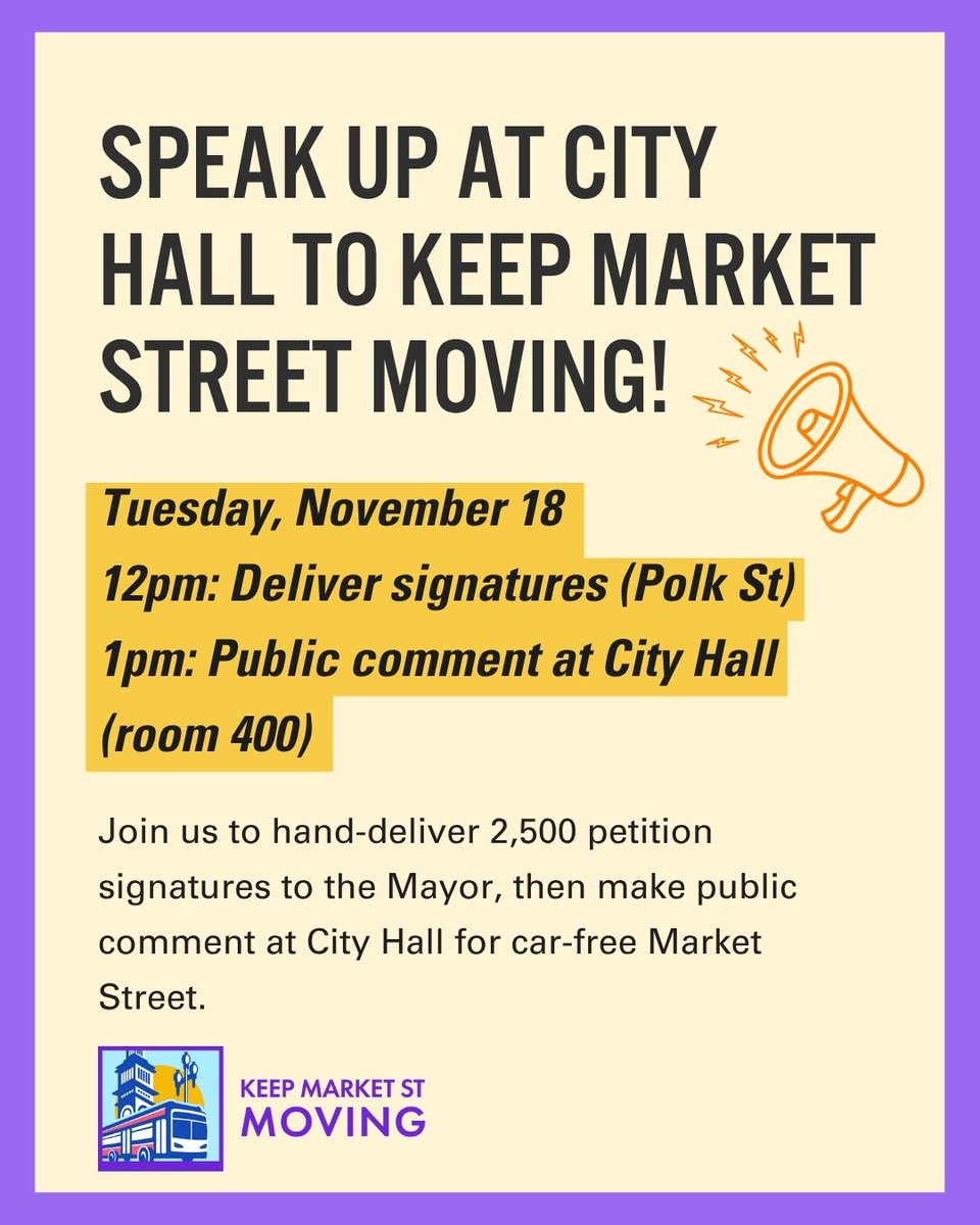 sftwa's tweet photo. Join the Keep Market Street Moving campaign at City Hall on Tuesday, Nov. 18, where we’re supporting the Citizen Advisory Committee’s call to close the loophole that allows Waymo &amp; Uber/Lyft Black vehicles on Market Street between Steuart and 10th. https://t.co/iBtbfNOiqB