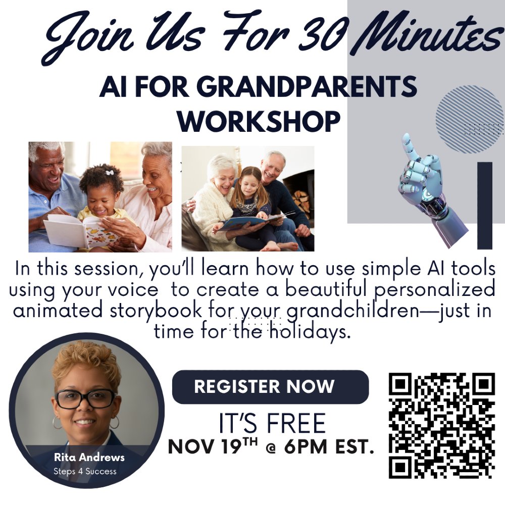 Give your grandbabies a gift they’ll treasure forever — your voice in their very own storybook. 📖💛
Join me on Nov 19th at 6pm,

#steps4success #revven #grandparents #familylove #aistorybook #holidaygifts #creativeAI #AItools #storytime #memoriesmadeeasy