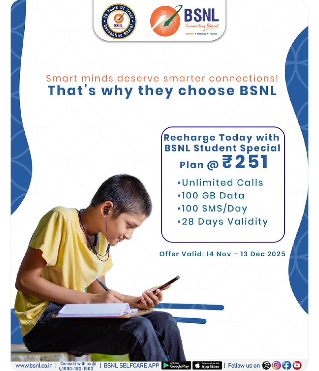 Boost your learning journey with #BSNL!  Get BSNL’s Student Special Plan @ ₹251 with Unlimited Calls, 100GB Data &amp; 100 SMS/Day. Offer valid till 13 Dec, 2025.    #BSNLLearnersPlan #ConnectingBharat