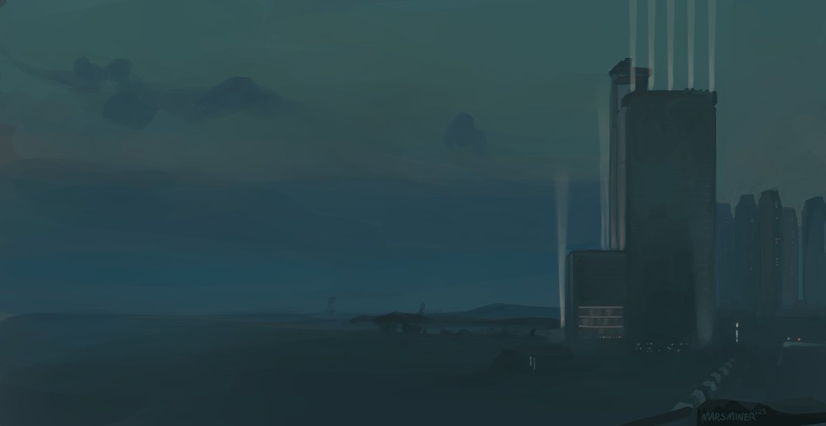 mars_miner's tweet image. A study I did of the view you can see while riding the transport in Cyberpunk 2077. I capped this from @any_austin &apos;s stream where he lives a normal life in Cyberpunk for 7 days. That was my whole Sunday lol