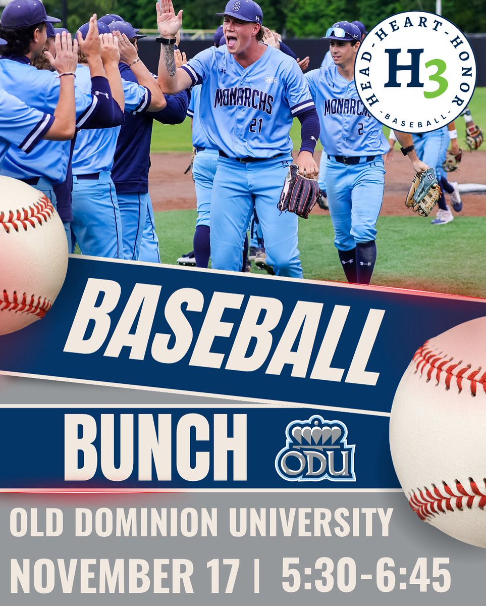 REMINDER—>After an amazing H3 Baseball Bunch event <a href="/ODUBaseball/">Old Dominion Baseball</a> last week, we are collaborating on another one Monday evening at 5:30. We expect an even better turnout and more fun, high-level instruction, and mentorship from the ODU baseball players and coaching staff! Thanks