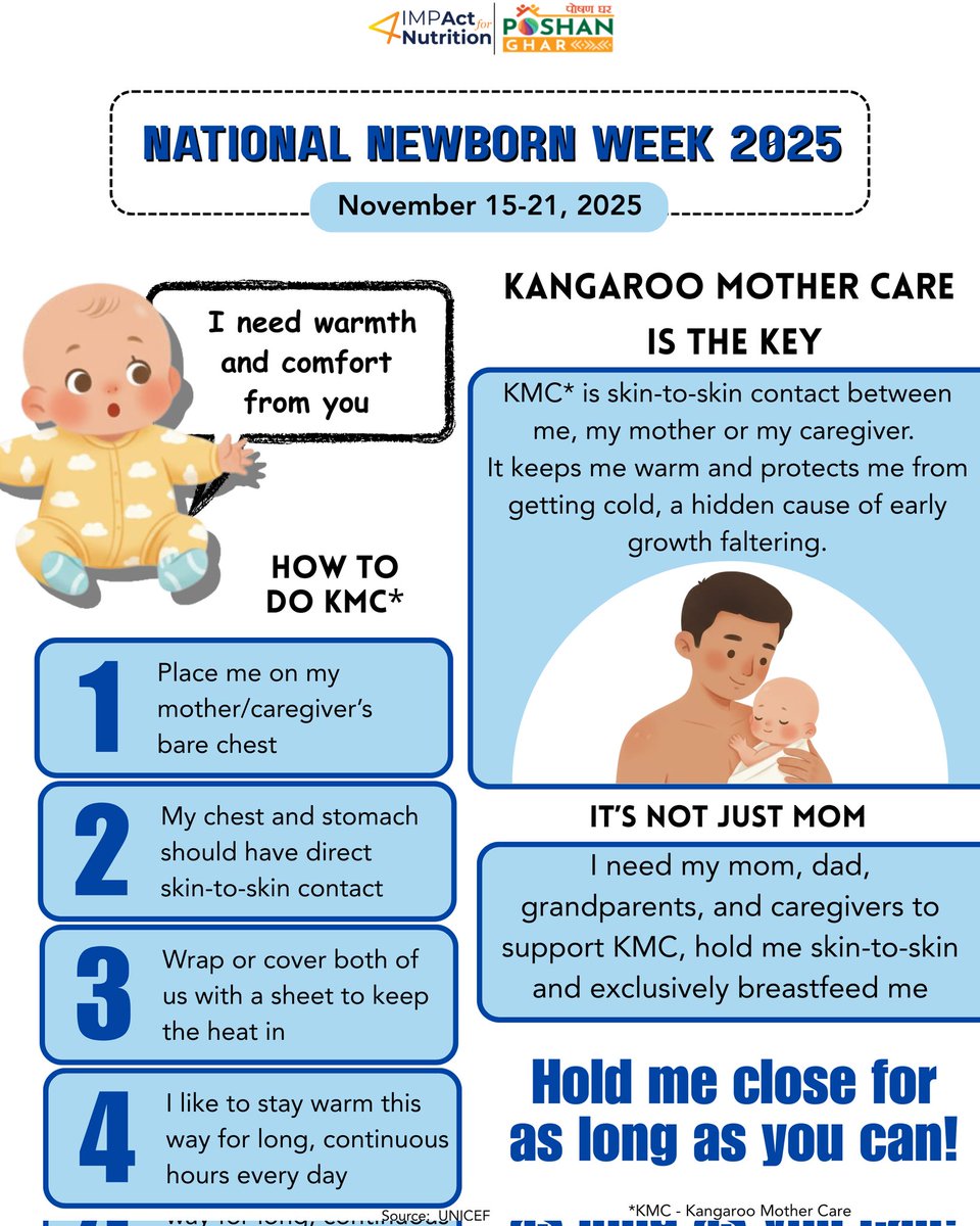 Skin to skin contact protects newborns from low body temperature and keeps them warm. Mother, father, and caregivers must do Kangaroo Mother Care frequently for effective breastfeeding and bonding. 

Stay tuned for more newborn wisdom throughout the week.

#NationalNewbornWeek