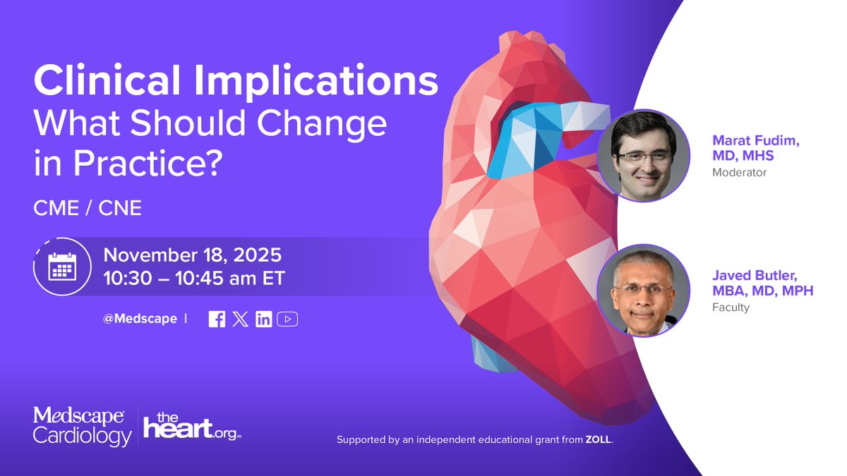 Medscape's tweet image. Watch LIVE Tomorrow! ➡️ youtube.com/watch?v=OcxAeP…

Transform your clinical approach to SCD risk. Our experts, Drs. Fudim and Butler, will share critical insights from new registry data, challenging current assumptions about risk in the GDMT era.

#Cardiology #SCD #CME