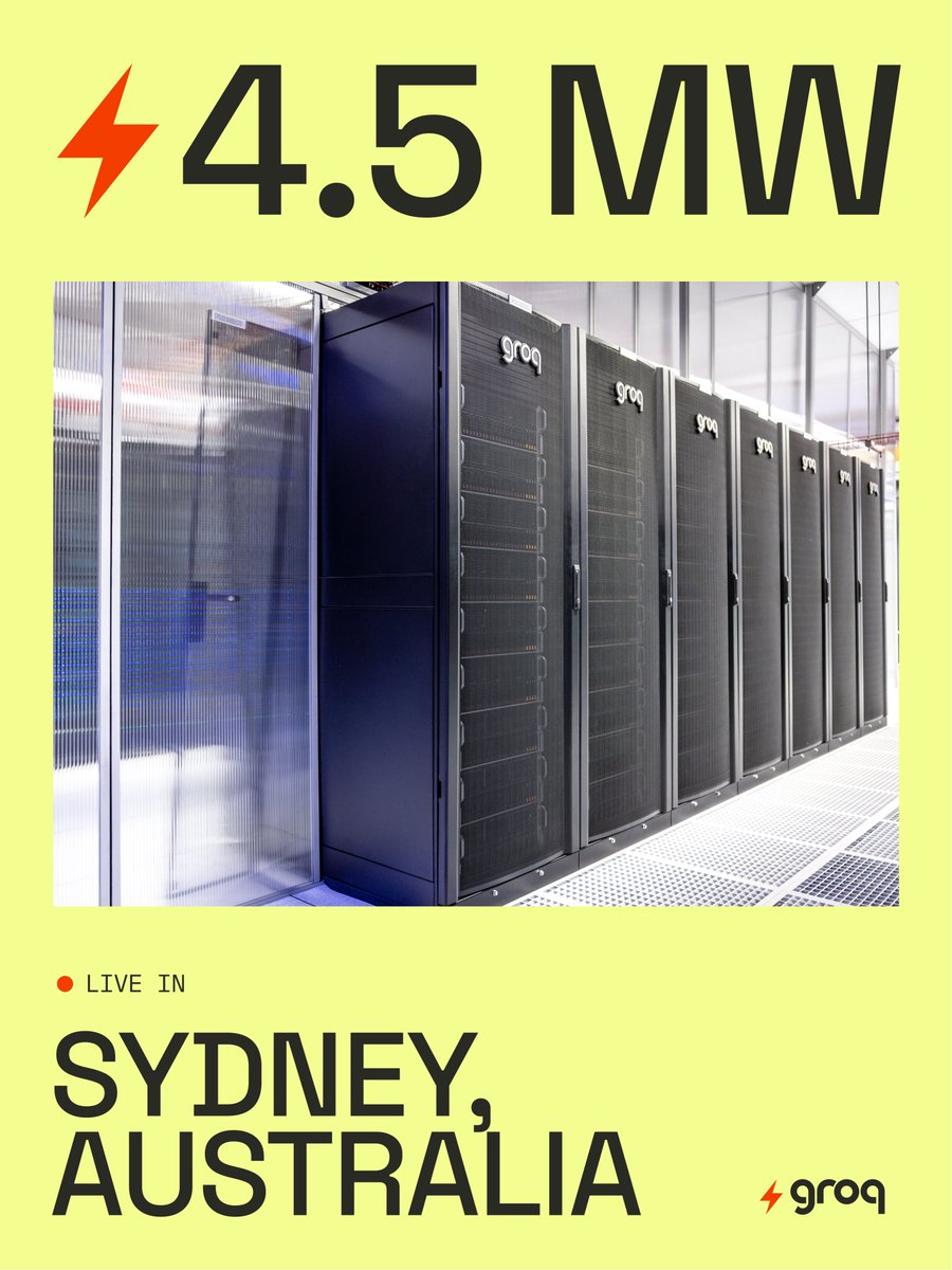 GroqInc's tweet image. Australia, we’re live.

4.5MW of compute, now serving tokens to devs across APAC.