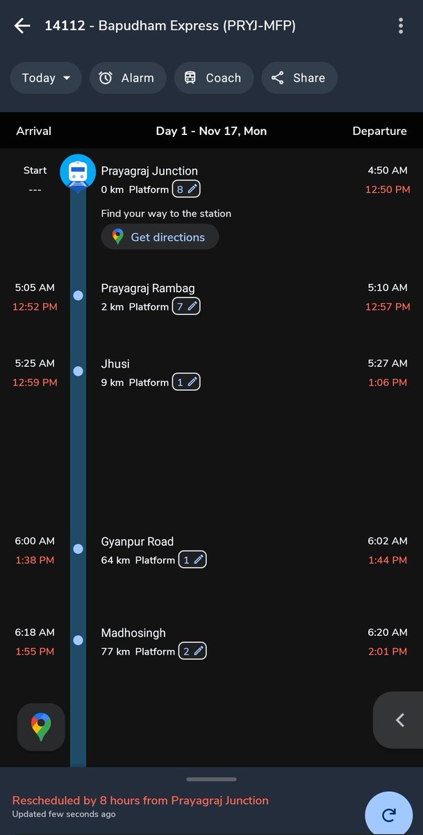Ayush17Baranwal's tweet photo. I done sleeper reservation in Bapudham Express Train (14112). This train has to reach Varanasi Junction at 7:40am on 17 November 2025. But it will expected to reach at 3:04pm. The train is showing 8 hours late. So this is "New India"! @AshwiniVaishnaw
@RailMinIndia @RailwaySeva https://t.co/JTsIAbntdF