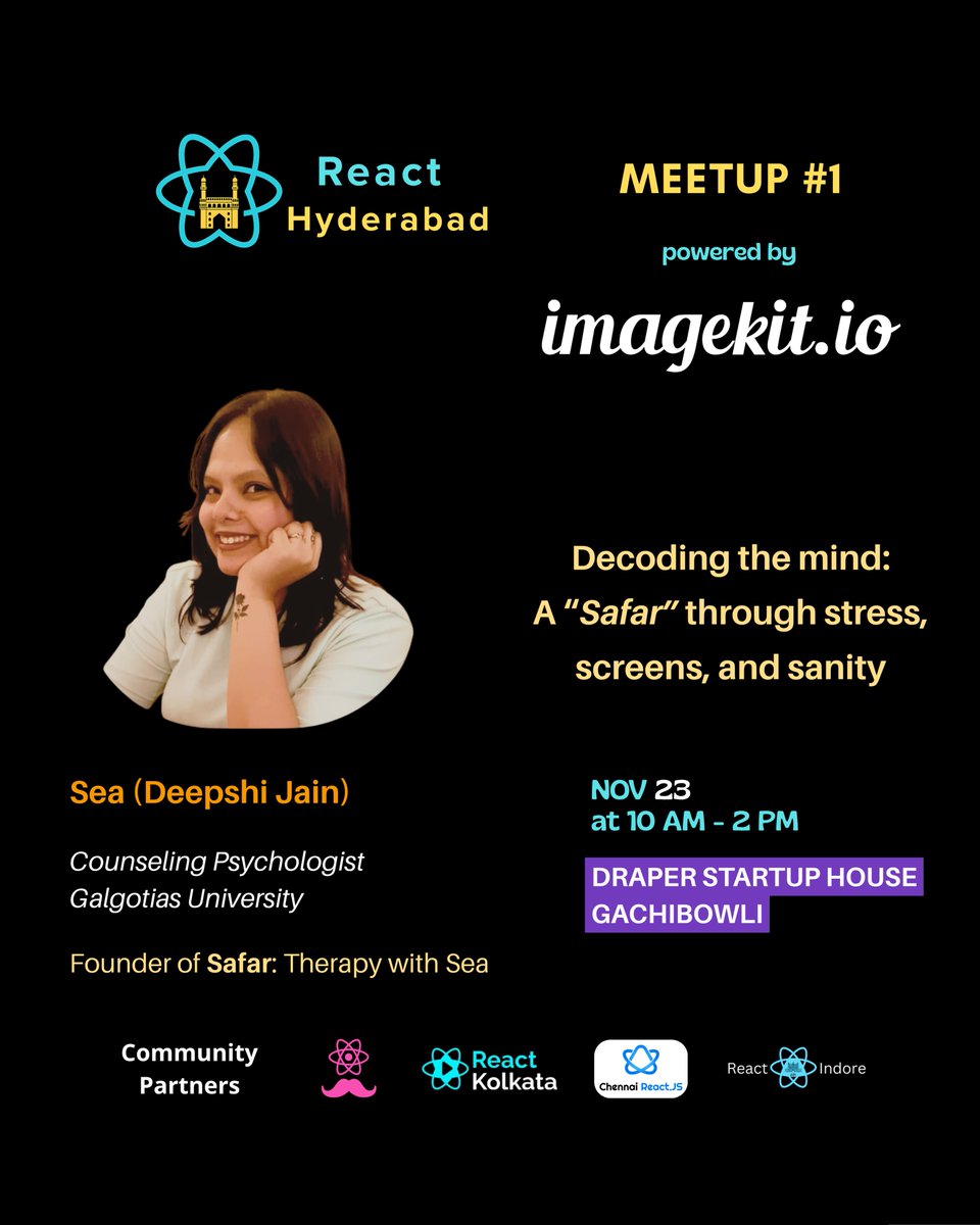 React_Hyderabad's tweet image. ⚛️ Hyderabad, are you ready?!? ⚛️

Only 6 days left for @React_Hyderabad&apos;s FIRST EVER In-person meetup — and the speakers are all set to light up the stage.

Seats are limited. RSVP now  - luma.com/qc27d0u3 

#ReactHyderabad #ImageKit #Community