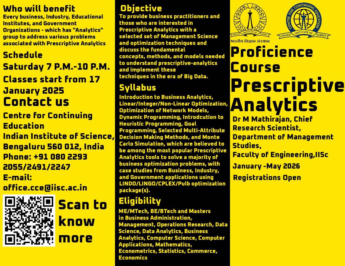 cce_iisc's tweet image. The Future of AI in Business is Prescriptive Analytics.
Join the Prescriptive Analytics course from @cce_iisc by Dr. M. Mathirajan, Chief Research Scientist, @DomsIisc.

Visit: cce.iisc.ac.in/cce-proficienc…

#PrescriptiveAnalytics #BusinessAnalytics #AIforBusiness #MBA #DataScience