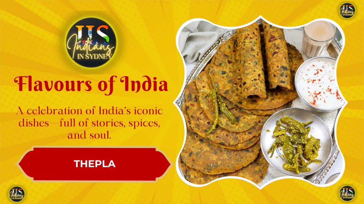 Meet Thepla – Gujarat | Soft, spiced, and slightly tangy, Thepla is the travel buddy of every Gujarati household. Made with whole wheat flour, fenugreek leaves, yogurt, and a burst of ground spices, it’s a snack that doesn’t just fill the stomach—it comforts the soul.