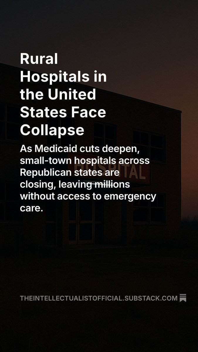 highbrow_nobrow's tweet photo. Millions risk losing lifesaving care as rural hospitals collapse under Medicaid cuts, turning vast Republican heartland counties into health deserts where every minute now decides who lives and who dies.
https://t.co/g9tbcbeYFB https://t.co/pD44AgOHdg
