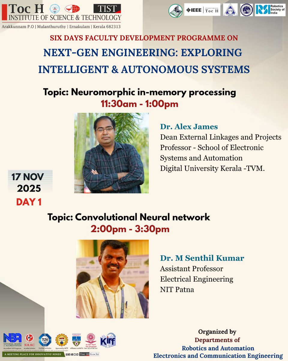 tochkochi's tweet image. We are excited to kickstart Day 1 of our Six Days Faculty Development Programme on Next-Gen Engineering: Exploring Intelligent &amp;amp; Autonomous Systems at Toc H Institute of Science &amp;amp; Technology! 🚀🤖

📘 Session 1 (11:30 AM – 1:00 PM)

📘 Session 2 (2:00 PM – 3:30 PM)