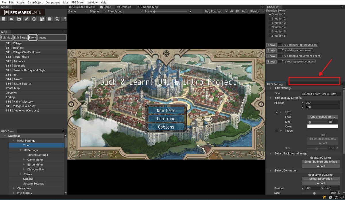 RPGMakerUnite's tweet image. #RPGMakerUnite
The fill-in sections of the “Hands-on UNITE Intro Project” are provided as a checklist.
You can open it from the top menu: RPG Maker → OpenSituationTaskCheckList.
If the checklist menu is too narrow, you can widen it by scrolling or adjusting the menu borders.
