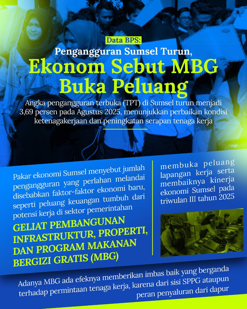 𝙎𝙖𝙖𝙩 𝙠𝙚𝙗𝙞𝙟𝙖𝙠𝙖𝙣 𝙩𝙚𝙥𝙖𝙩 𝙨𝙖𝙨𝙖𝙧𝙖𝙣, hasilnya kelihatan. 

Turunnya pengangguran Sumsel ke 3,69% itu bukan kebetulan.

Program Pemerintah MBG, membuka ruang ekonomi baru, dari petani, UMKM, sampai sektor jasa ikut bergerak.

Data bicara, kerja nyata terasa 💪