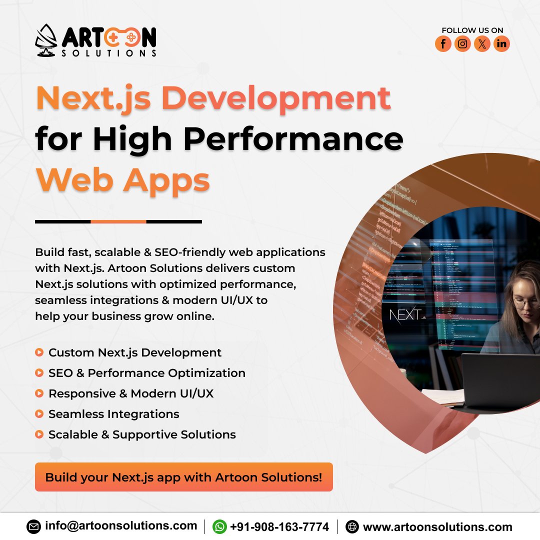 artoonsolutions's tweet image. ⚡ Build High-Performance Web Apps with Next.js!
At Artoon Solutions, we deliver fast, scalable &amp;amp; SEO-optimized Next.js applications with modern UI/UX and seamless integrations.
Let’s create your next powerful web experience! 🚀
#NextJSDevelopment #webappdevelopment