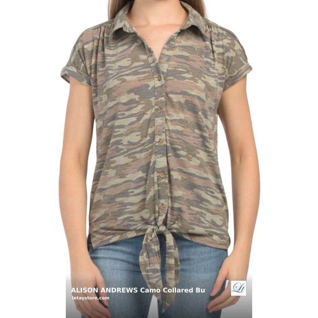 Elevate your style with the ALISON ANDREWS Camo Collared Button Down Tie Waist Top! Perfect for a casual yet chic look. 🌟 Features button-down front, tie waist, and roll cuffs. Yours for just $24! Don't miss out, grab yours today! ➡️ shortlink.store/hlxmuo-q3dgl #FashionFinds