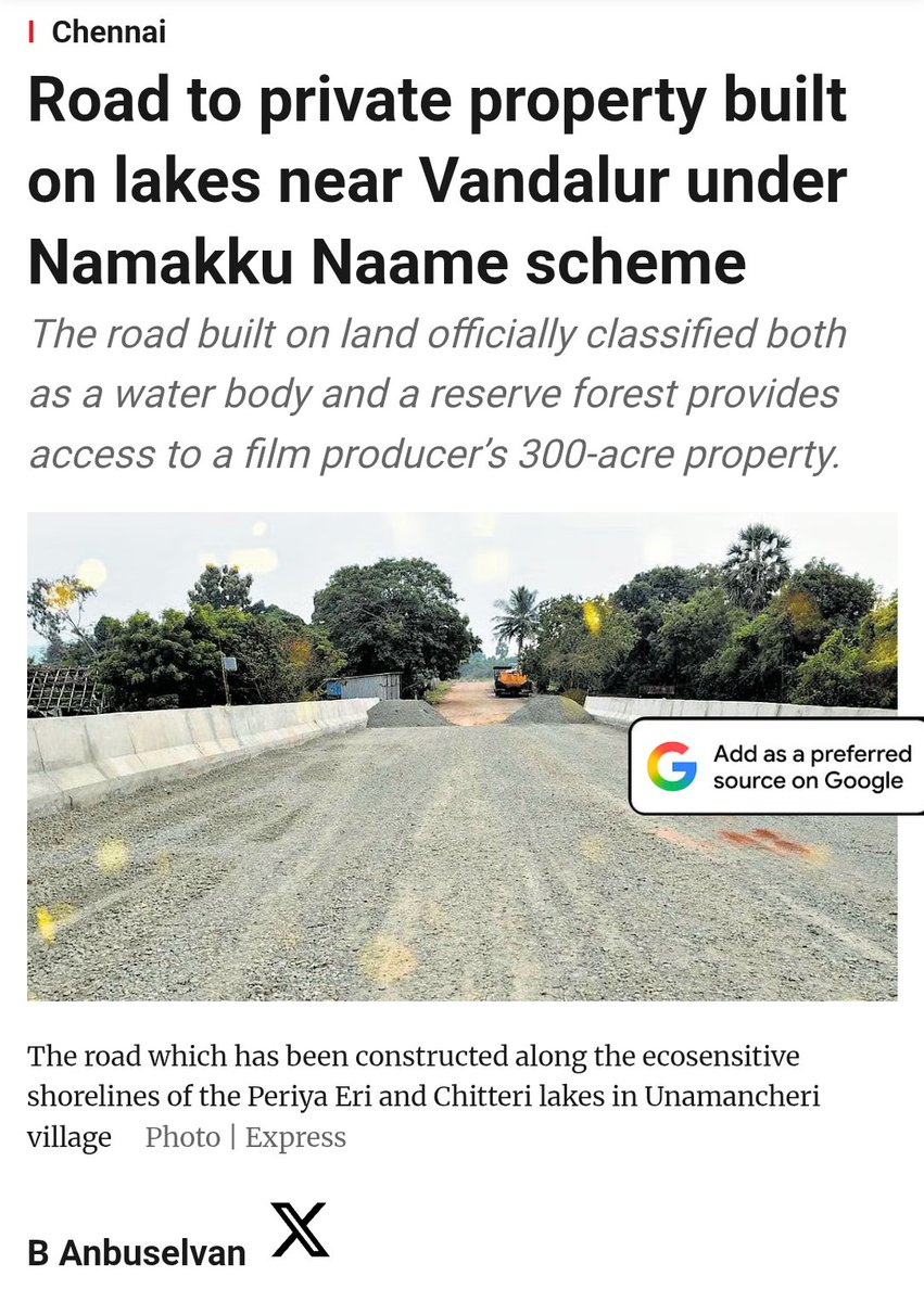 thinak_'s tweet image. Road to private property built on lakes near Vandalur under Namakku Naame scheme