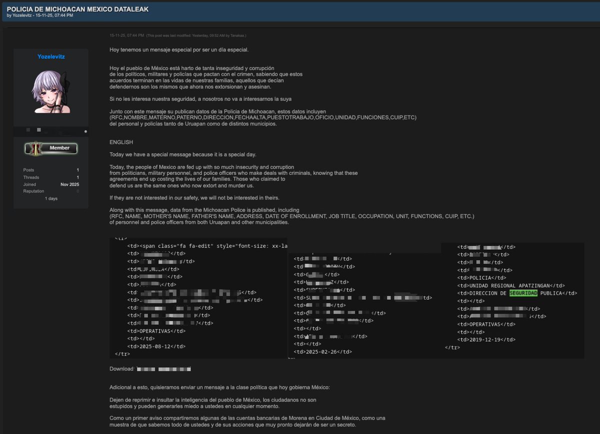 🚨 Hoy un hacker "Hacktivista" identificado como "Yozelevitz"
Publicó una Base de datos de la policía del gobierno de <a href="/GobMichoacan/">Gobierno de Michoacán</a>  y un statement contra el gobierno de México

El nombre del "hacker" - "Yoselevitz" es un apellido, asociado principalmente con Carlos Sheinbaum