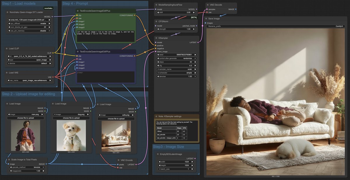 Ali_TongyiLab's tweet photo. The Nunchaku team is just making Qwen-Image-Edit fly. ⚡️
They've dropped quantized versions of the 2509 model, and the big news is the pre-fused Lightning models. We're talking 4-step and 8-step edits.
This is a must-grab for anyone who wants high-speed, low-VRAM image editing. https://t.co/TCiA2eTmn3
