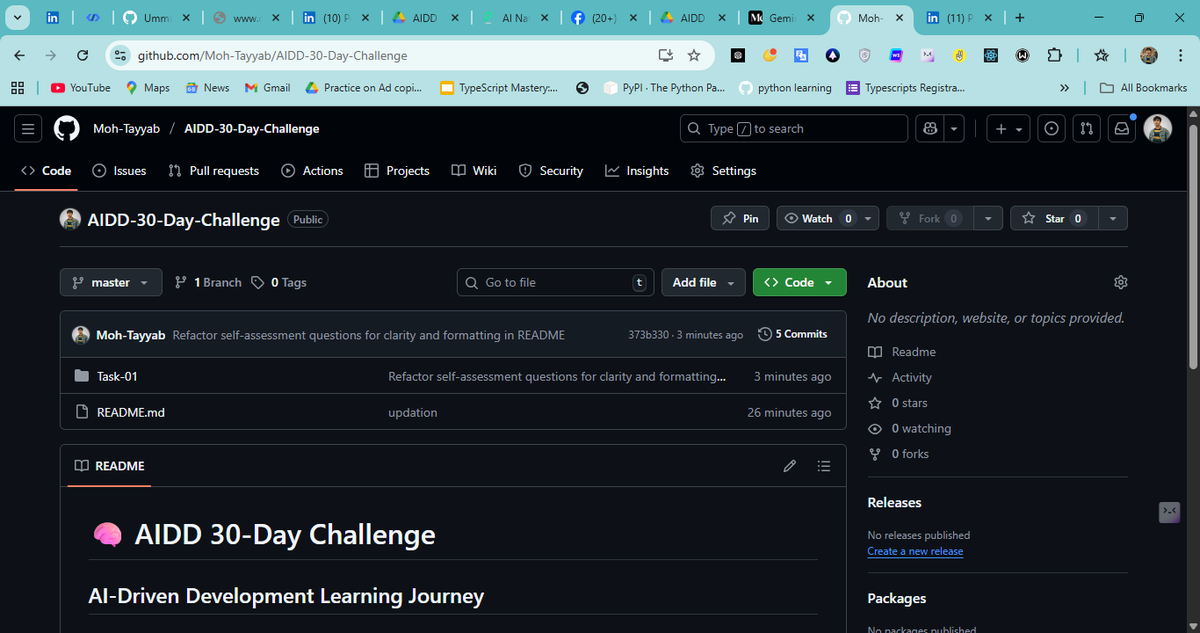 m_tayyab3366's tweet image. Day 1 AIDD Challenge done! 🚀 Explored AI-Native Era &amp;amp; 2025 Turning Point. AI partner in dev.
Key: AI collab, faster work, Agentic AI/EvDD/TDD.
Human + AI = epic!
Repo: github.com/Moh-Tayyab/AID…
#AIDD #AI #AIDrivenDevelopment #AIInSoftware #LearningJourney #DeveloperLife