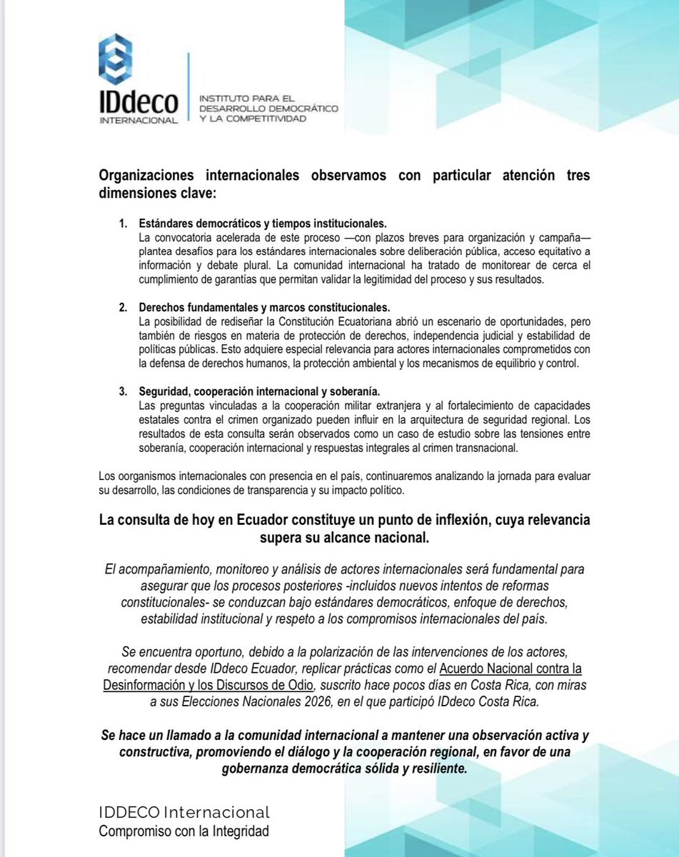 📊 Resultados de la Consulta y Referéndum en Ecuador 2025

La participación ciudadana superó el 80%, Y con ello #Noboa otra vez recibió un revés en las urnas. Con el 95% de actas escrutadas el #No es la respuesta al referéndum y consulta
#CompromisoConLaIntegridad
#%IDDECOEcuador