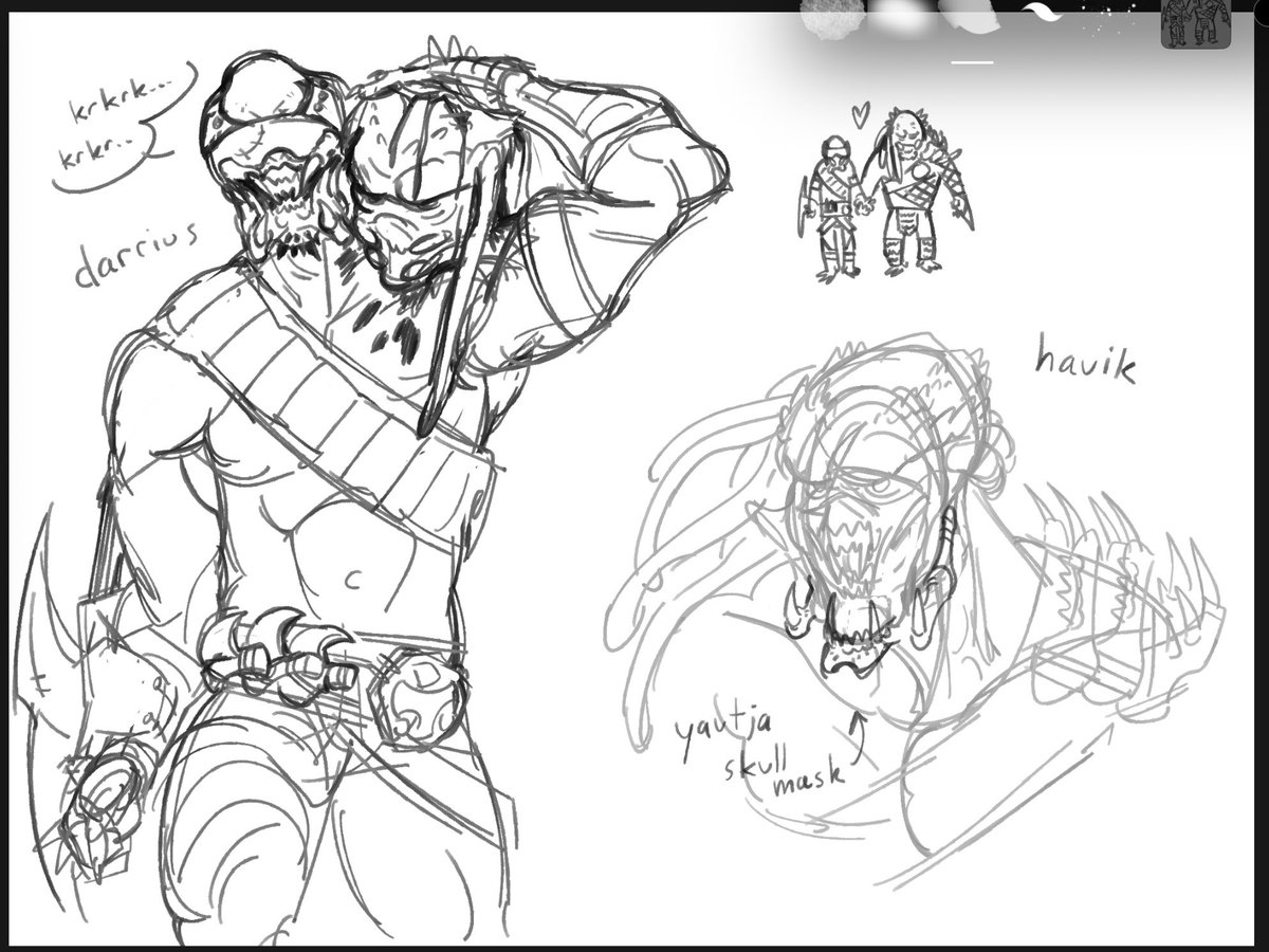 yautja darrius and havik! :0
darrius got his tendrils cut off by his clan, they thought that would weaken darrius and cause him to "know his place", but it only motivated him more to destroy his clan leader

havik's lower mandibles got ripped off, so he took his leader's instead!