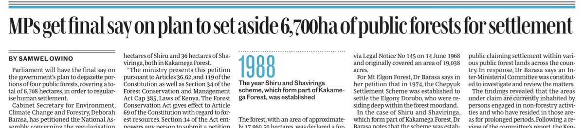 Parliament will have the final say on the government’s plan to degazette portions of four public forests, covering a total of 6,708 hectares, in order to regularise human settlement. via <a href="/NationAfrica/">Daily Nation</a>