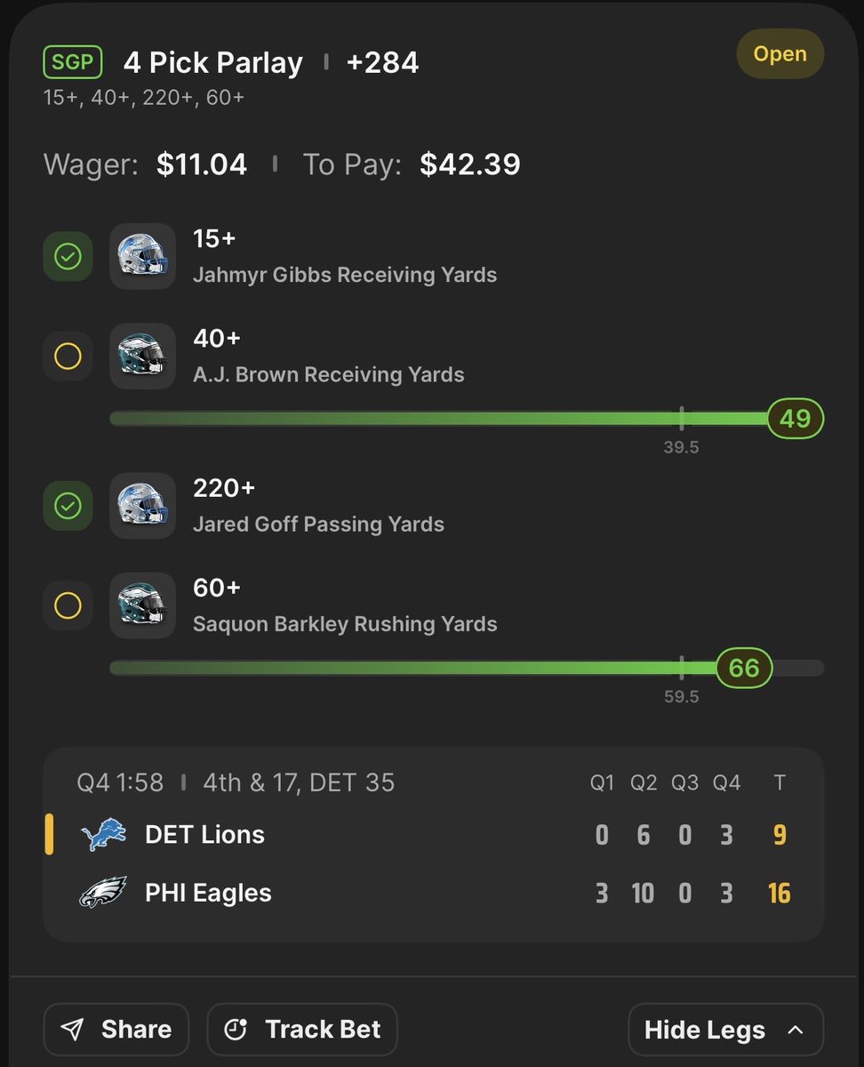 _Dylan_23's tweet image. Cashed my SNF Parlay🔥💵

$11 —&amp;gt; $42.39 

Not a bad Sunday. Hit a +1200 earlier today🔥🚀
#FlyEaglesFly