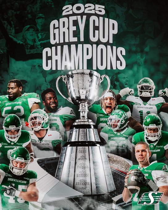 Vibrant poster with bold green and black background featuring the text 2025 Grey Cup Champions at the top. A large silver Grey Cup trophy stands in the center on a base with engravings. Surrounding the trophy are multiple Saskatchewan Roughriders players in green jerseys and helmets, some holding footballs, posing dynamically with excited expressions and raised arms. Confetti and smoke effects add to the celebratory atmosphere.