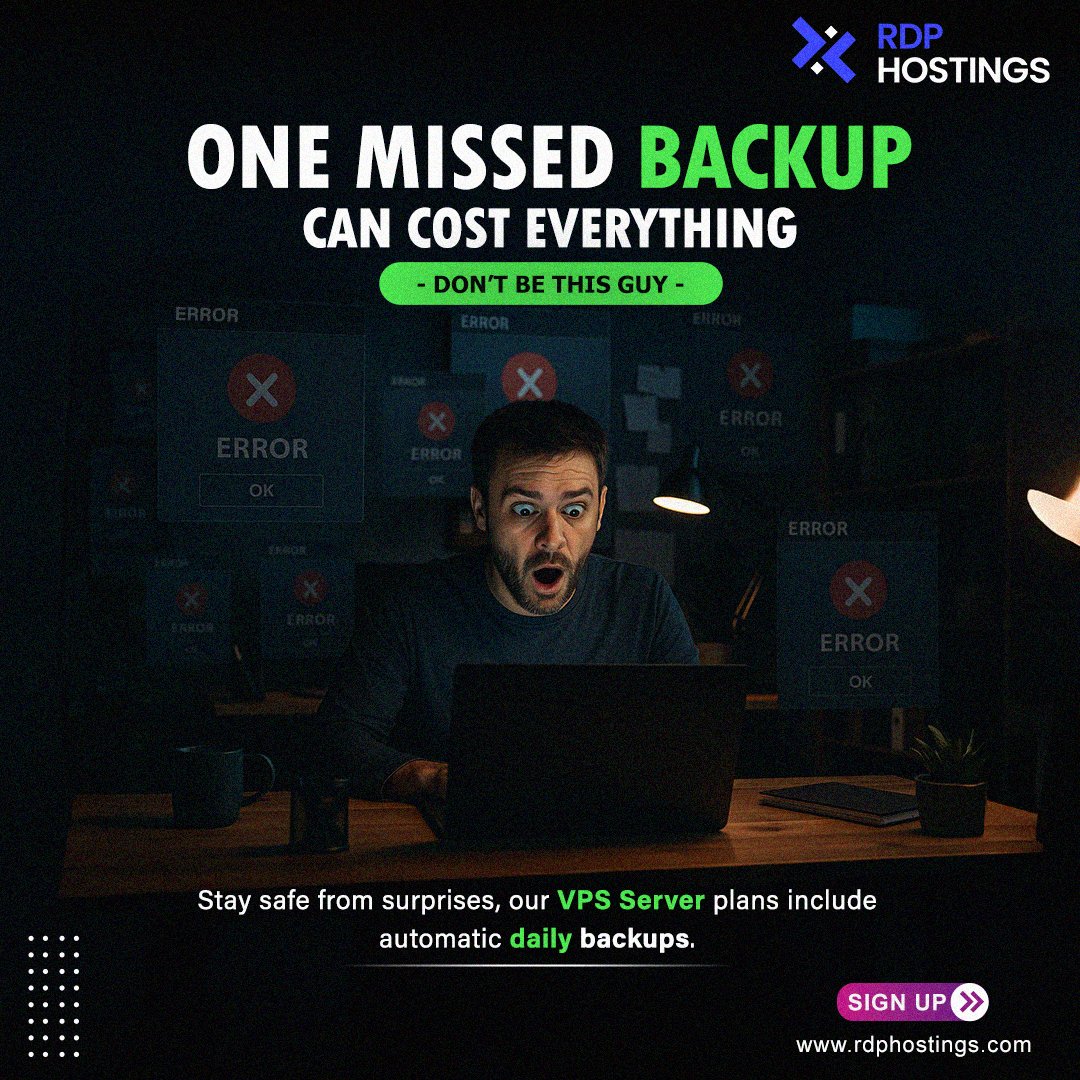 RdpHosting's tweet image. One missed backup ⚙️  can cost everything 🤯 , don’t be this guy. Stay safe ✅ from surprises, our VPS Server 😍  plans include automatic daily backups.

Sign up for a free 30-day trial:- rdphostings.com/vps-trial

#rdpserver #freerdp #adminrdp #rdphostings #rdp