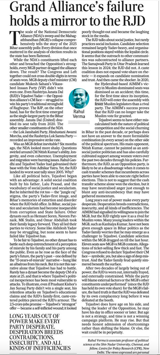 Why did MGB lose in Bihar?

- the NDA has structural advantages 
- Tejashwi's challenges are more formidable
- this required extra-ordinary politics
- shifting the blame won't help 

Link: bit.ly/3JXJ2Cu