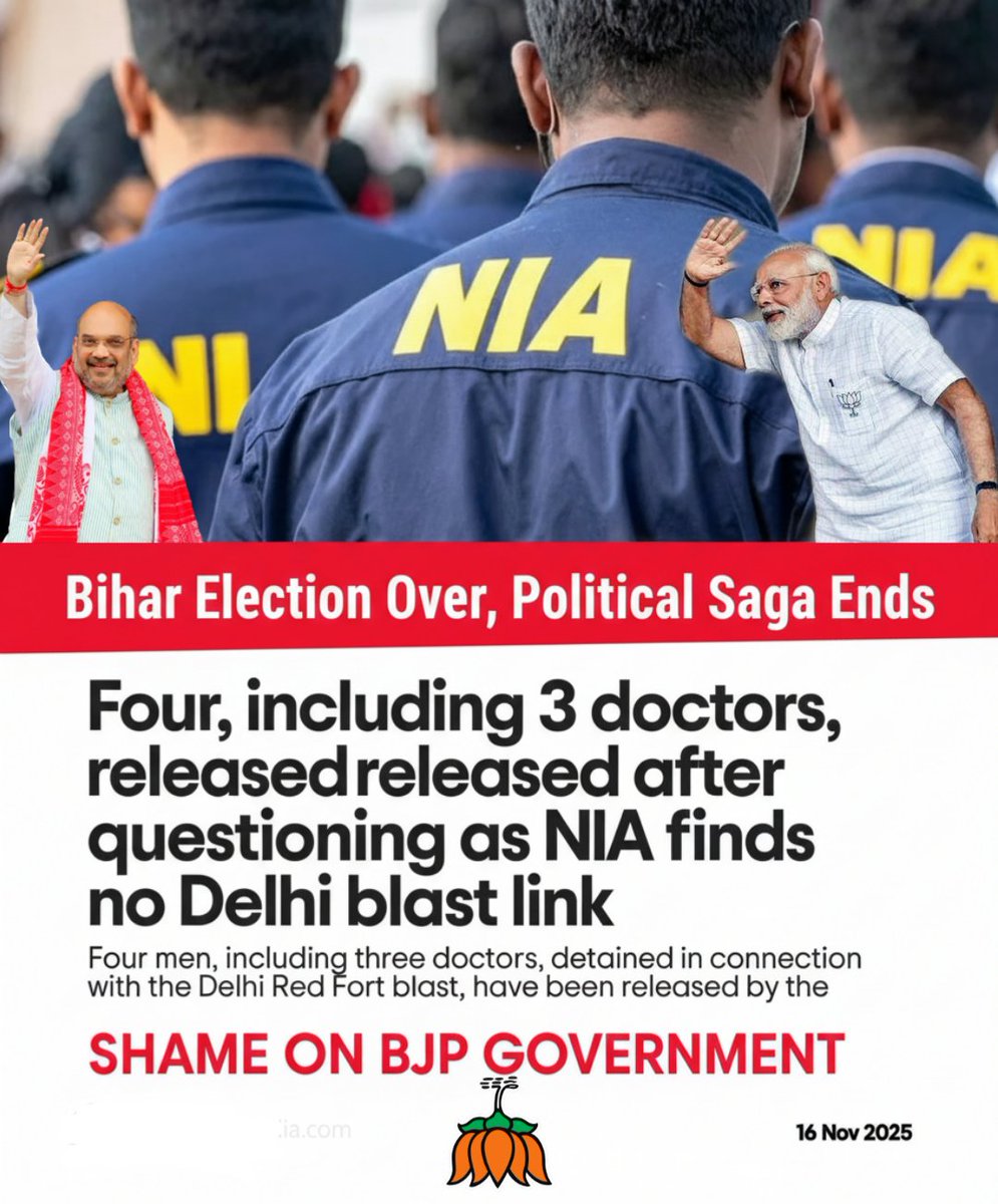 yoursurajnaik's tweet image. Bihar Election over , Political SagaEnds

Four, including 3 doctors, released after grilling as NIA finds no Delhi blast link

Shame on BJP Government 

#MondayMotivation
@LambaAlka @Pawankhera