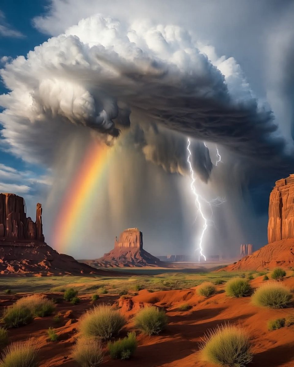 InterestingSci1's tweet image. Good morning with beautiful sun shine ☀️ ☀️ 
🌩️🌈 Monument Valley, Arizona — Where Storms Become Art

A desert thunderstorm unlike any other —
lightning cutting across the sky as a curtain of rain forms a rainbow
over the iconic buttes of Monument Valley.
A moment so striking it…