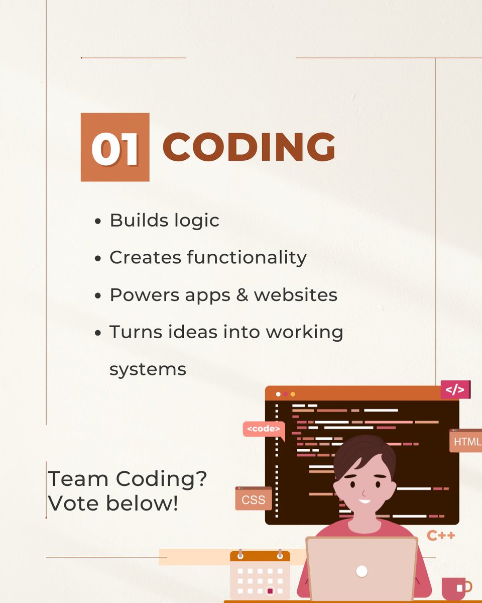 opcodeacademy's tweet image. Swipe ➡️ and cast your vote!

Which is better: Coding or Designing?

Tell us in the comments — your choice might start a debate! 😄🔥

#OPCODEAcademy #CodingOrDesigning #TechDebate #DesignLife #DeveloperLife #TechLearning #PollTime