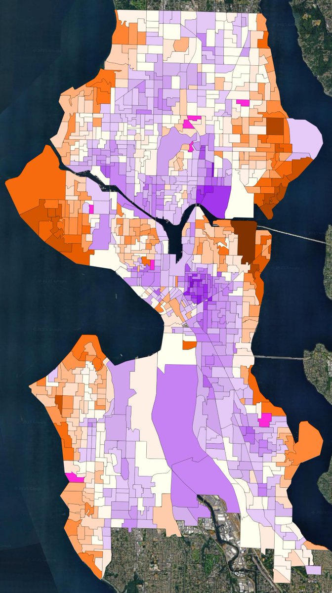 Final precinct results are not out yet, but these are the results as of 11/7/2025. 

Bruce Harrell - 🟠
Katie Wilson - 🟣
#Seattle #waelex