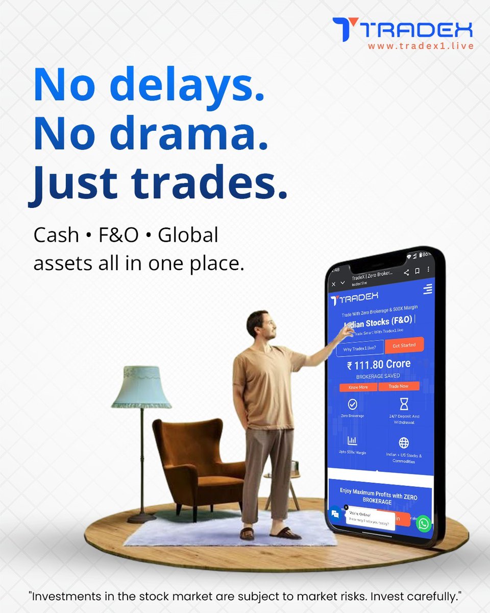 TradexLive1's tweet image. Experience trading the way it was meant to be — fast, smooth and absolutely hassle-free.
With Tradex, access Cash, F&amp;amp;O and Global assets all in one powerful platform designed for smart investors.
No delays. No drama. Just trades. 📈🔥

#Tradex #SmartTrading #ZeroDramaTrading