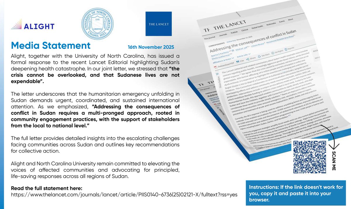 Media Statement: Alight, together with the University of North Carolina, has issued a formal response to the recent Lancet Editorial highlighting Sudan’s deepening health catastrophe. 

Read the full statement here: thelancet.com/journals/lance…