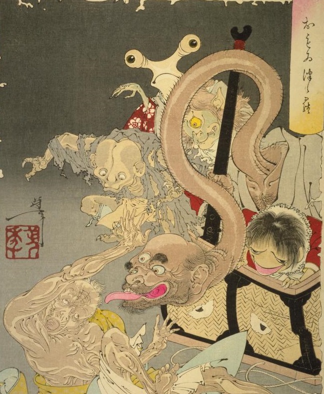 A series of #yokai paintings by #ukiyoe artist #TsukiokaYoshitoshi, who had a lifelong passion for yokai paintings. You can see his masterpieces created in his last years at #ndldigital dl.ndl.go.jp/info:ndljp/pid…