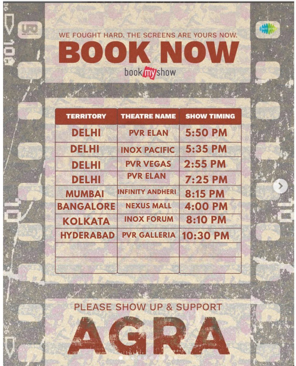 70 tickets sold already for Cinepolis first show.
New shows in Hyderabad, Bangalore and Kolkata. 
Have you seen Agra yet?
Catch it while you can and please amplify 🙏