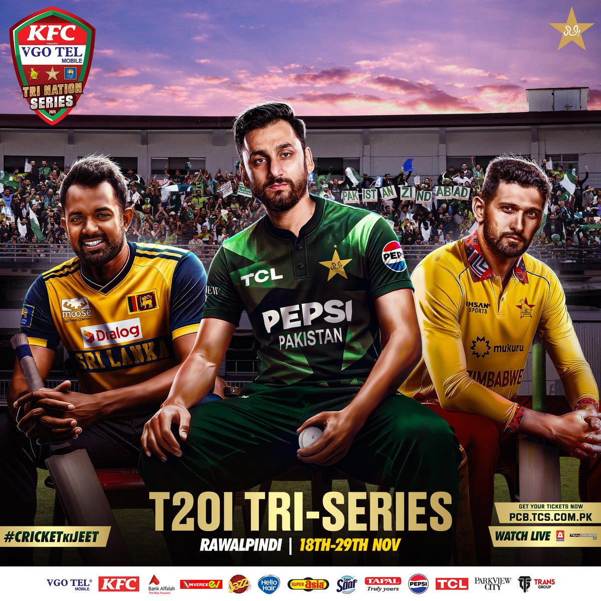 TheRealPCB's tweet image. The action doesn’t stop! 🔥
Next up: KFC Presents VGOTEL Mobile Tri-Nation Series 2025 🇵🇰🇱🇰🇿🇼
🗓️ 18 - 29 November
🏟️ Rawalpindi Cricket Stadium
🎟️ pcb.tcs.com.pk
⏰ All matches to begin at 18:00 PKT

#CricketKiJeet