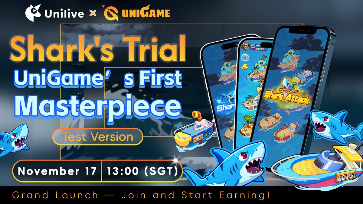UniLive_Web3's tweet image. 🚀🎉 Exciting News from #UniGame 🎉🚀

Get ready for the grand launch of Shark&apos;s Trial, UniGame&apos;s very first masterpiece! 🌊🦈

🗓 Date: November 17
🕐 Time: 13:00 (SGT)
💎 Test Version is Live!

Join us for an action-packed adventure where strategy meets excitement! Compete with…