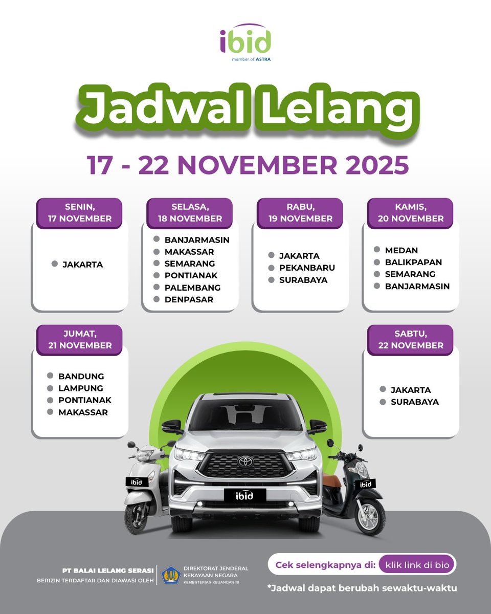 ibid_lelang's tweet photo. Yuk catat jadwal dan ikuti lelang mobil bekas dan motor bekas pada tanggal 17 - 22 November 2025! 🚘✨

Dapatkan info untuk jadwal terkini dan berbagai unitnya di https://t.co/93JPrxEQcU 🤩 https://t.co/9GJR0mBzou