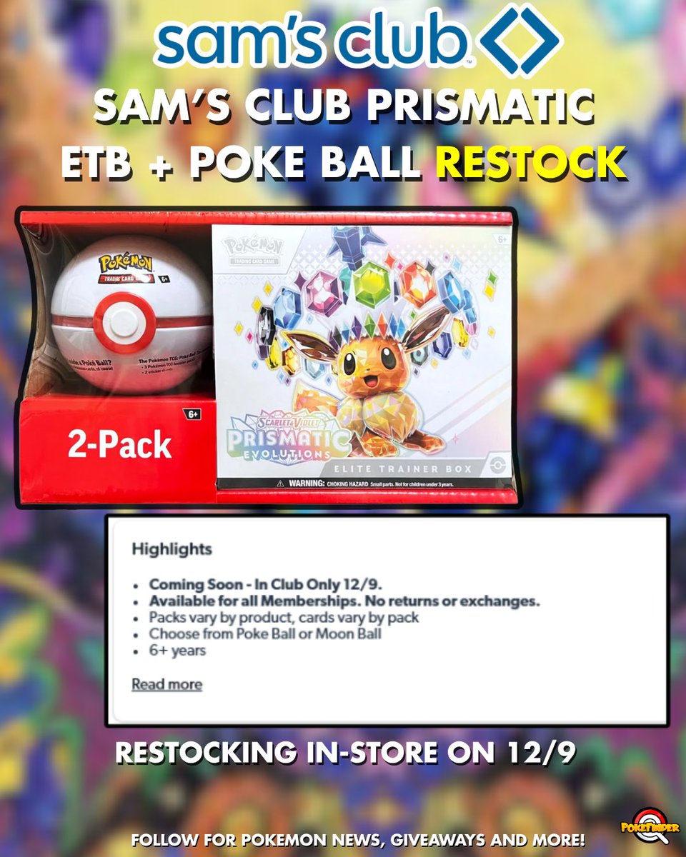 Sam's Club Restock Reminder Prismatic Evolutions ETB + Poke Ball Tin  Bundles Restocking In-Stores December 9th! Sam's Club Keeps The Drops  Coming! #Pokemon #PokemonTCG