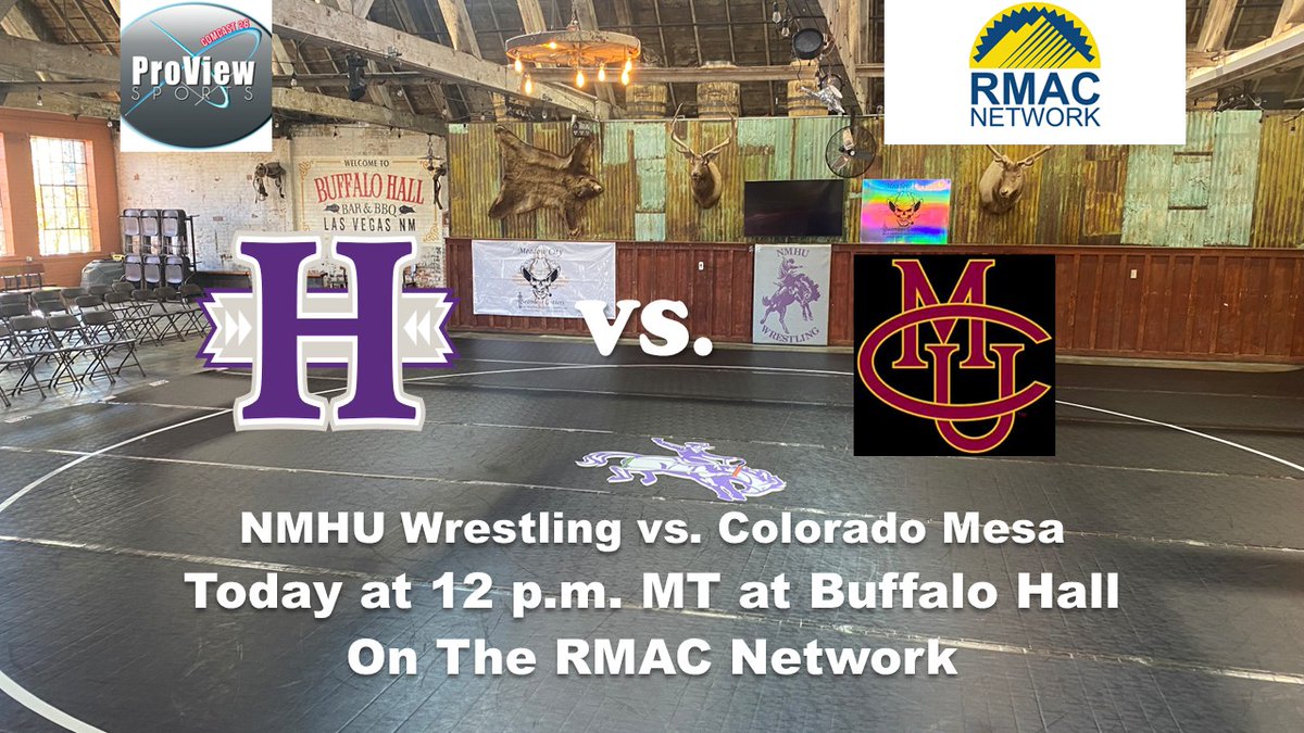 ProViewTV's tweet image. New Mexico Highlands College Wrestling vs. Colorado Mesa Today (Sunday) at 12 p.m. MT From Buffalo Hall Bar &amp;amp; Cowboy Cafe BBQ in Las Vegas, NM with @ScottGaletti on the call on The RMAC Network.
Broadcast Link Below.
rmacnetwork.com/nmhighlands/?B…